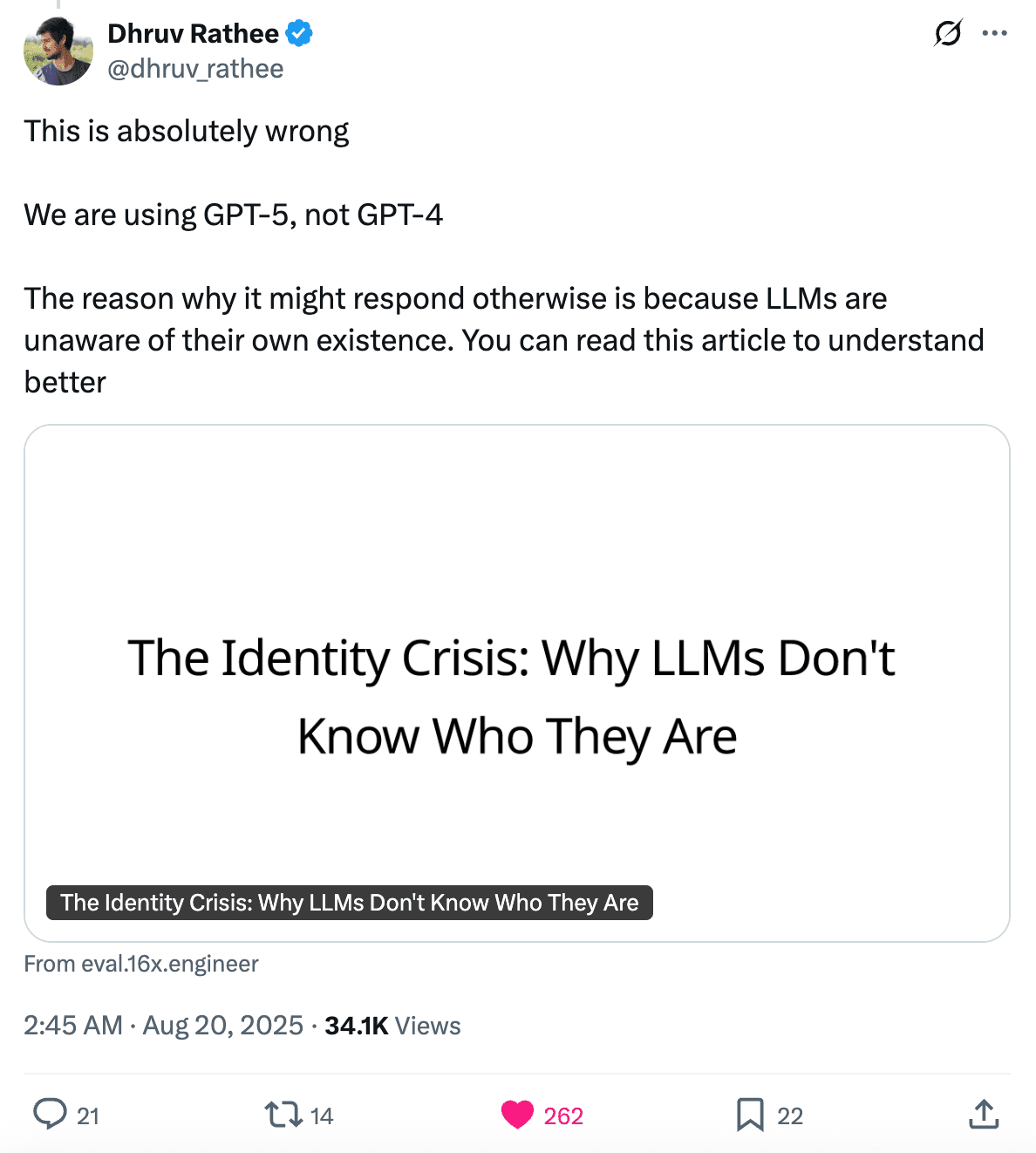 Post being shared on X (Twitter) with 34K views and 262 likes